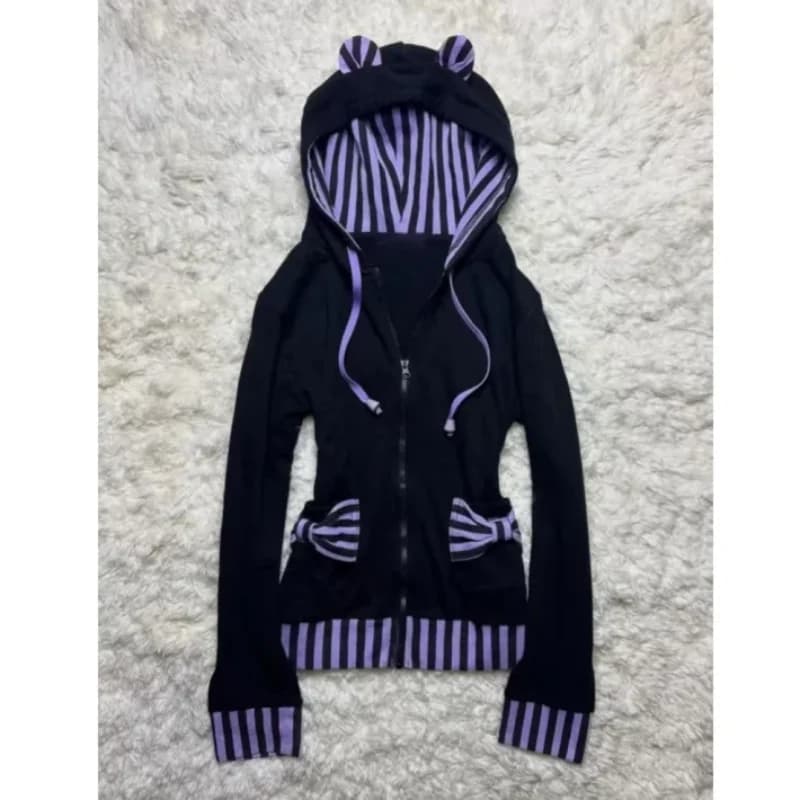American retro street purple striped women's hooded sweatshirt spring and autumn Y2K Harajuku Gothic style rock women's top