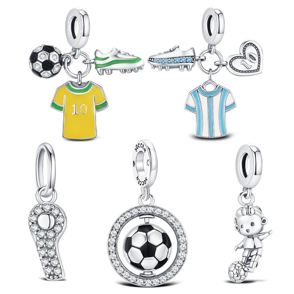 Ciondolo da calcio in argento 925 sportivo Brasile Argentina Stella del calcio n. 10 perline in jersey adatte per il braccialetto originale, regalo di gioielli fai da te