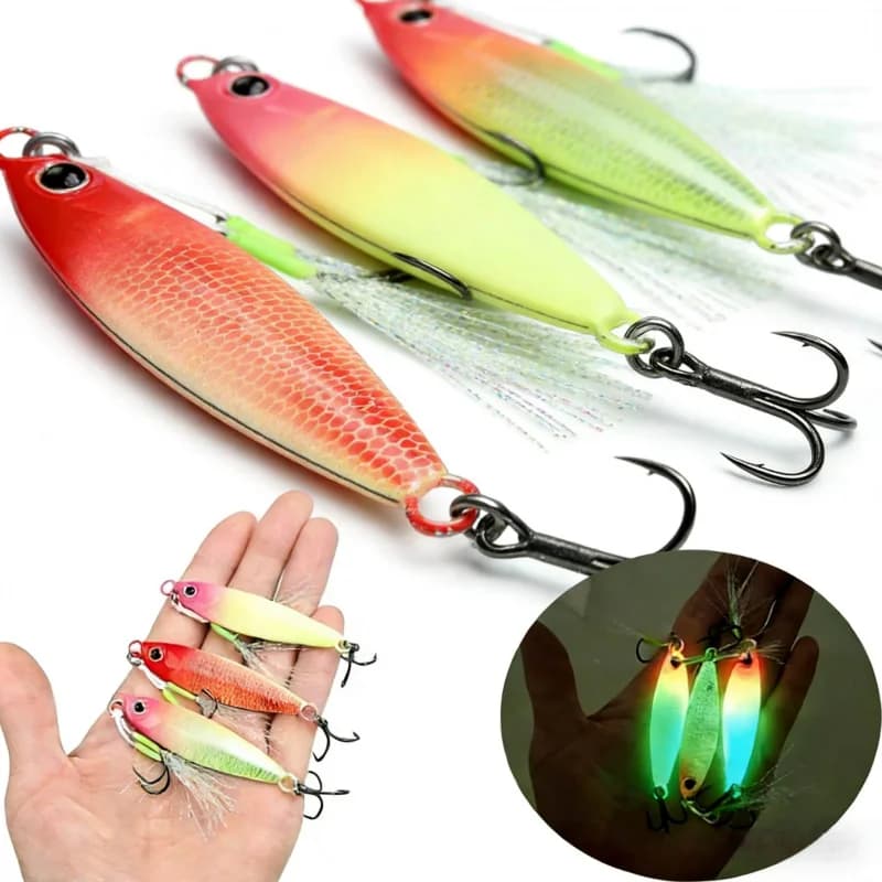 Esca Luminosa Sommergibile in Metallo con Doppio Amo 7g/40g, per Lanci Lunghi da Riva, Esca Bionica a Forma di Sgombro per la Pesca in Mare