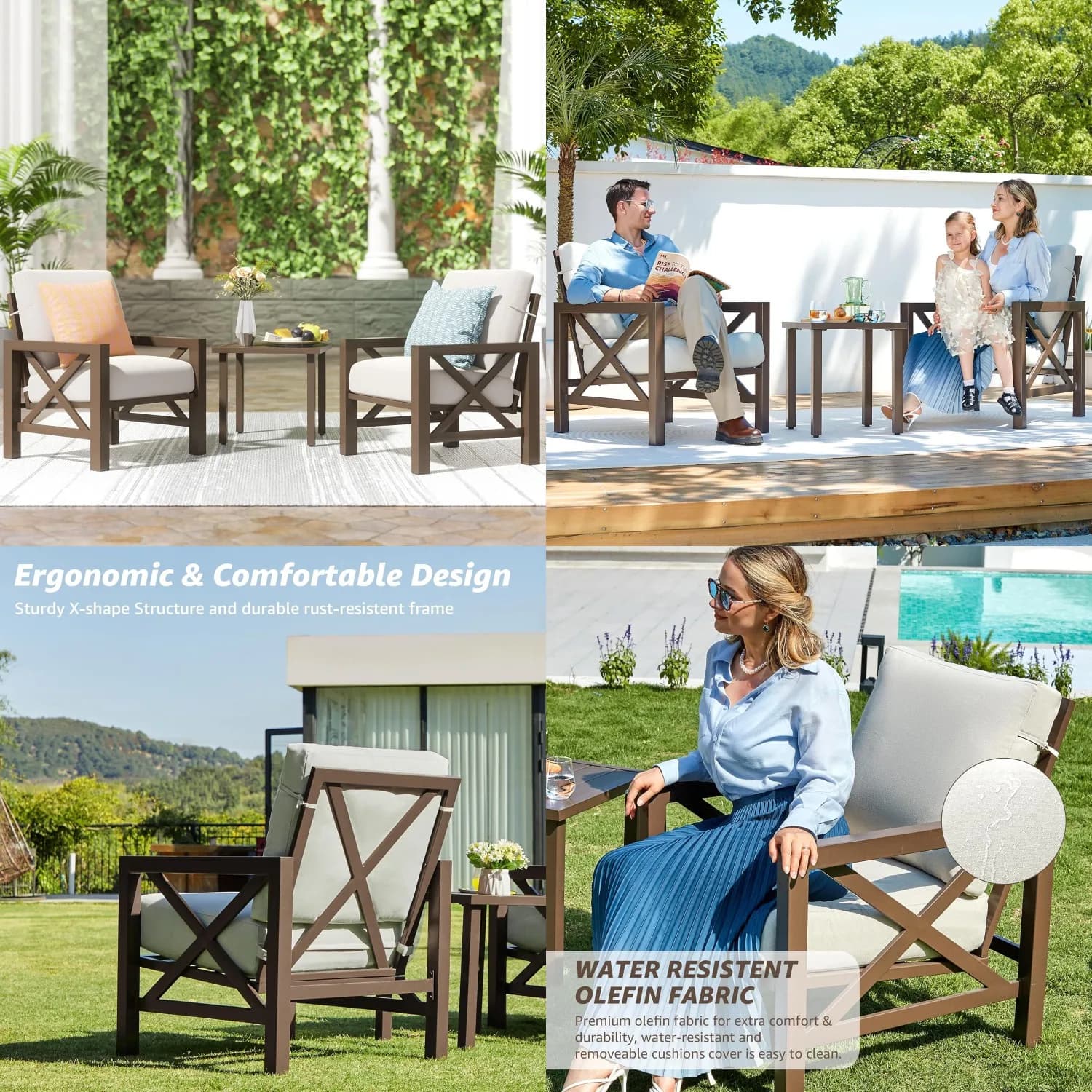 Set Bistrot da Esterno 3 Pezzi con 2 Sedie e Tavolino in Metallo, Cuscini in Olefin da 6,5 Pollici, Personalizzabile per Cortile, Veranda, Bordo Piscina