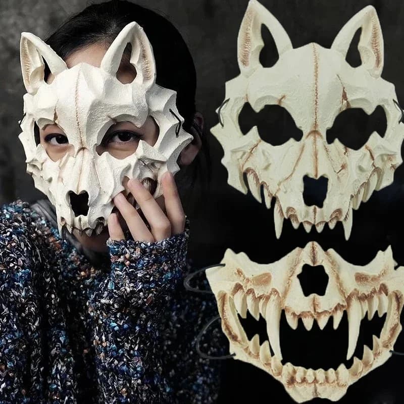 Maschere con teschio bianco nero Donna Uomo Anime Volpe Drago Dio Scheletro Mezza faccia Maschere Halloween Carnevale Festa Costume cosplay Puntelli