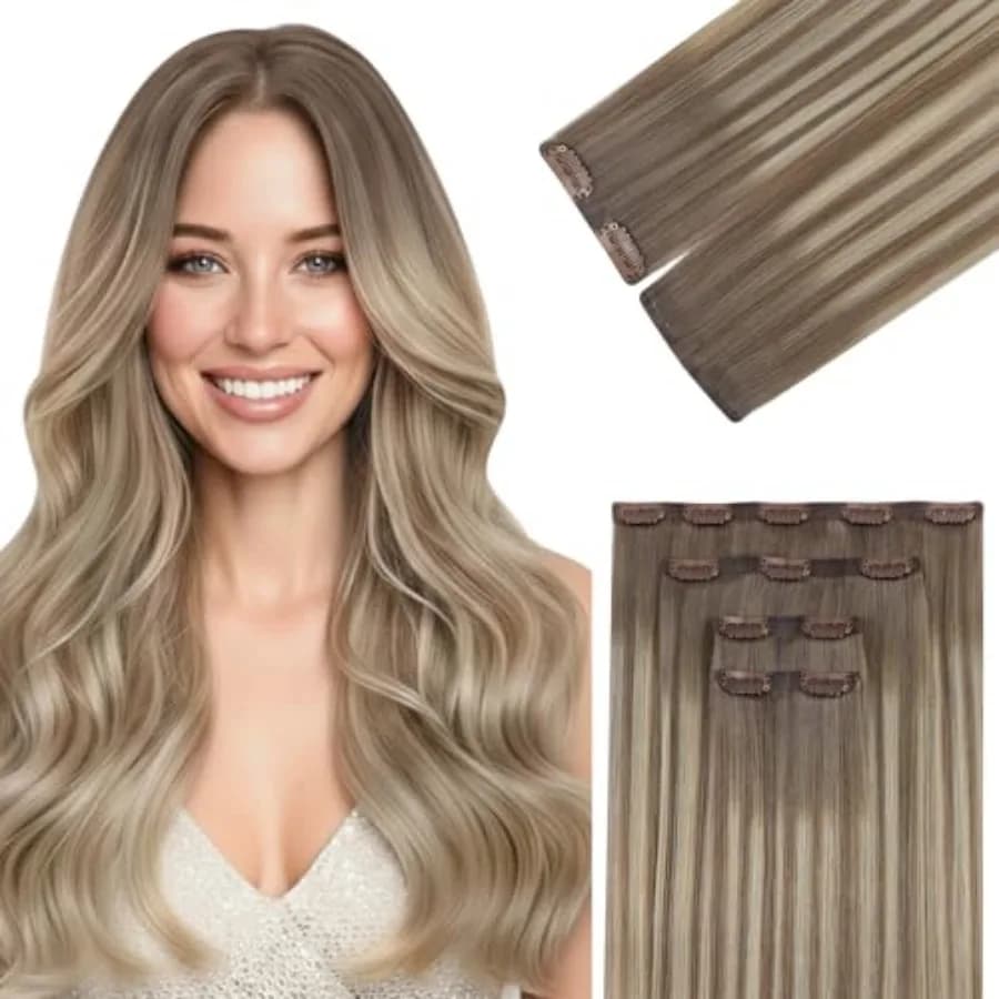 Ve Sunny 90g Extension per capelli invisibili con clip, in capelli umani Remy, per capelli diradati, castano chiaro, biondo ombré, balayage, capelli veri