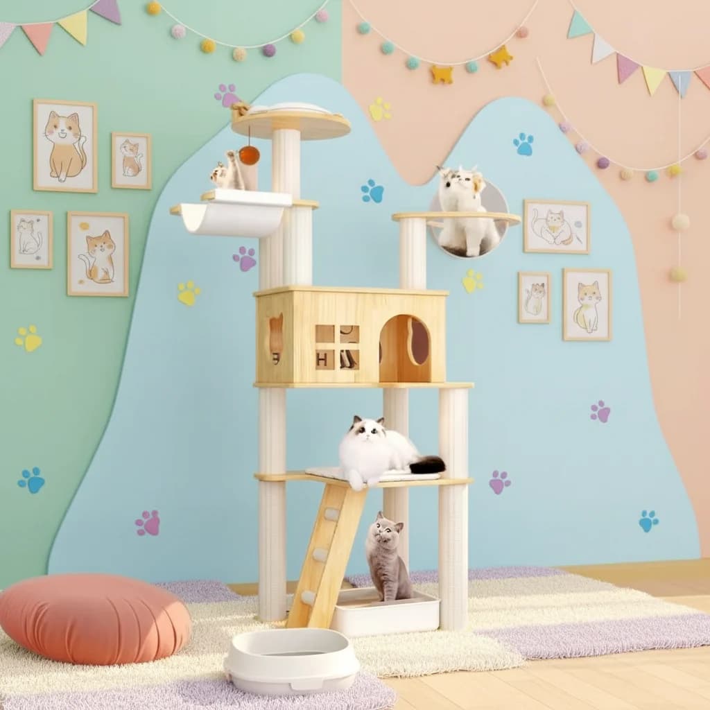 Multi Level Luxury Folding Wooden Cat Tree House Climbing Tower with Platform Scratcher Sturdy Pet Furniture for Cats