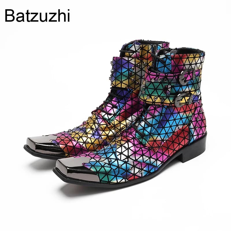 Batzuzhi Pop Stivali da uomo multicolori con dita dei piedi in metallo Stivaletti in pelle punk da uomo con cerniera Fibbie Punk Party, stivali da passerella per uomo!