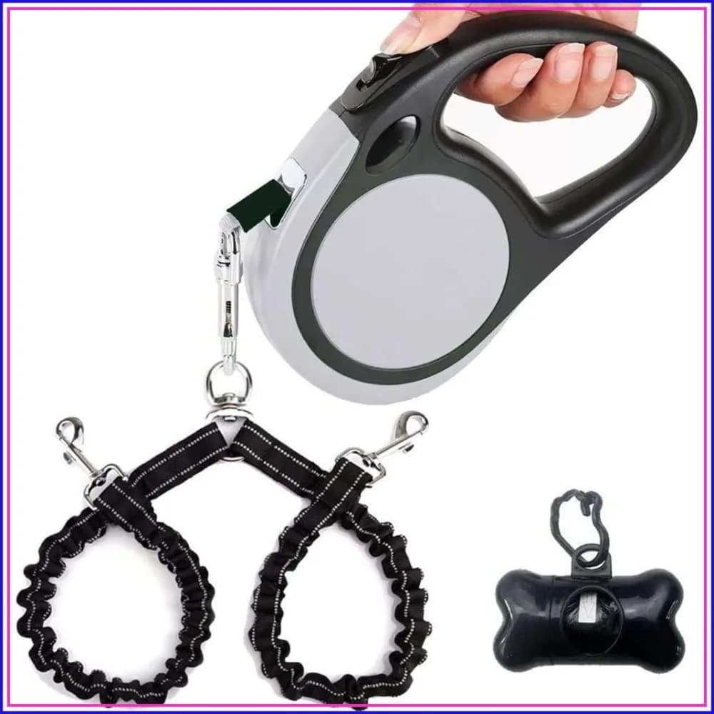 Dual Retractable Dog Leash for 2 Large Dogs Up to 110 Lbs Each, 18.5 ft Double Headed Extendable Leash with Poop Bags, Non Slip Grip, One Button Break & Lock, 360 Tangle-Free