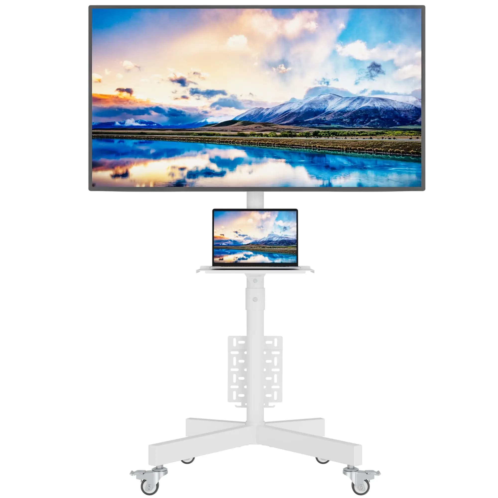 Supporto TV mobile con carrello inclinabile per TV LED LCD OLED da 32-65 pollici fino a 88 libbre, regolabile in altezza con ripiano per laptop, bianco