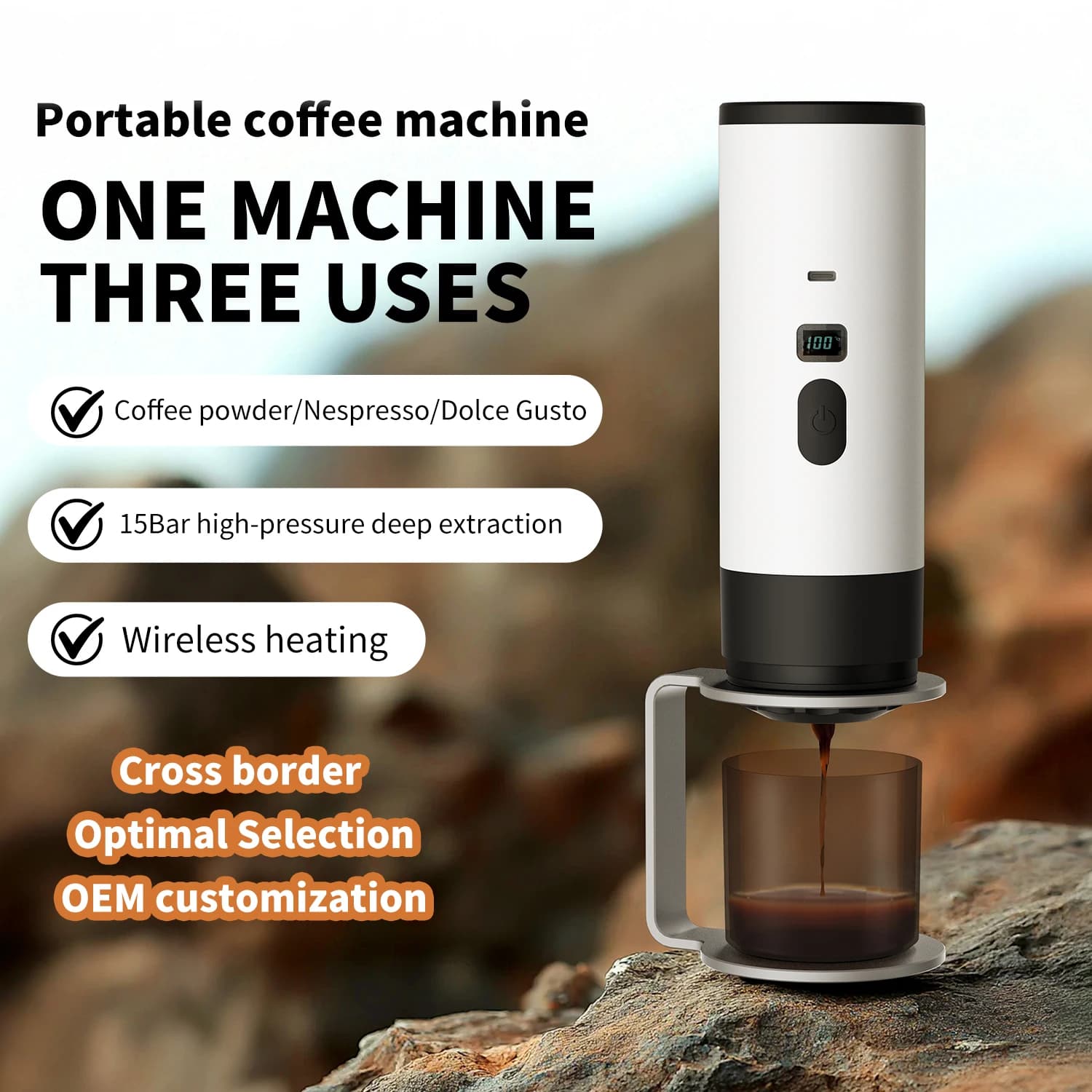 Macchina da caffè portatile wireless 3 in 1 per capsula macinata/Nespresso/DolceGusto 15Bar 7800mAh Display digitale