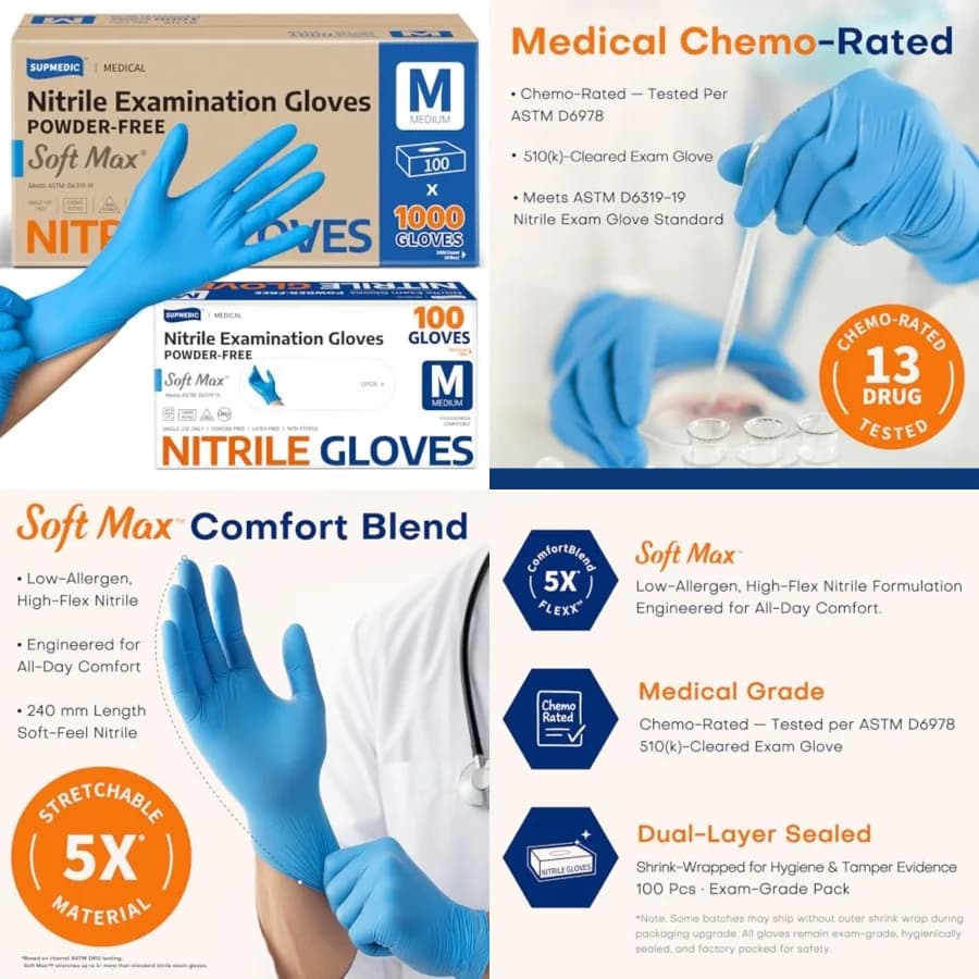 Guanti Monouso Supmedic Medical Soft Max in Nitrile, 1000 Pezzi, Senza Lattice, Senza Polvere, Sicuri per Alimenti, per Cucina, Blu