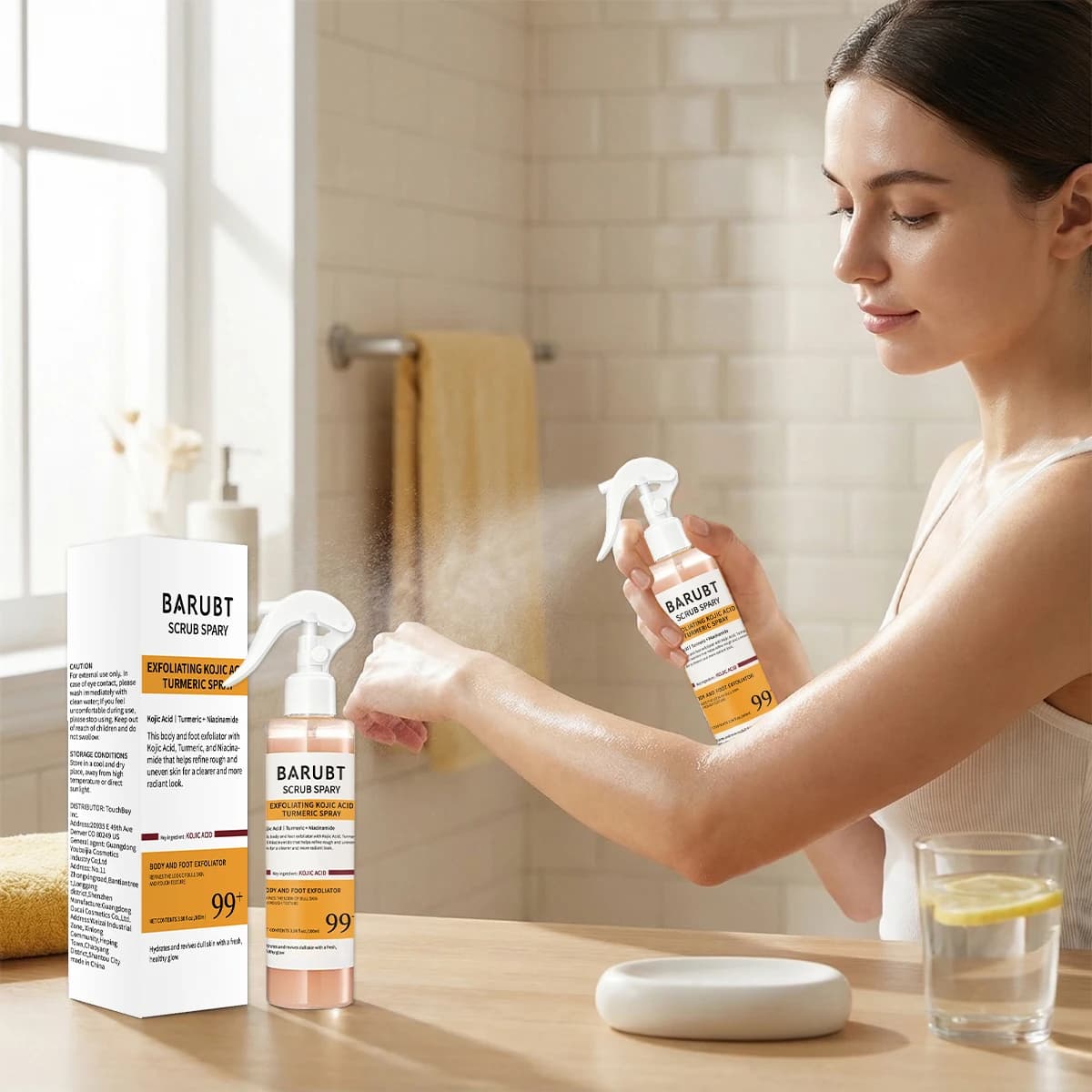 The exfoliating turmeric spray moisturizes the skin, helps to improve rough skin and removes dead skin throughout the body