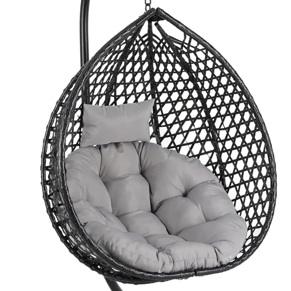 Egg-shaped rattan chair with support and cushion for indoor or outdoor use (black and gray)