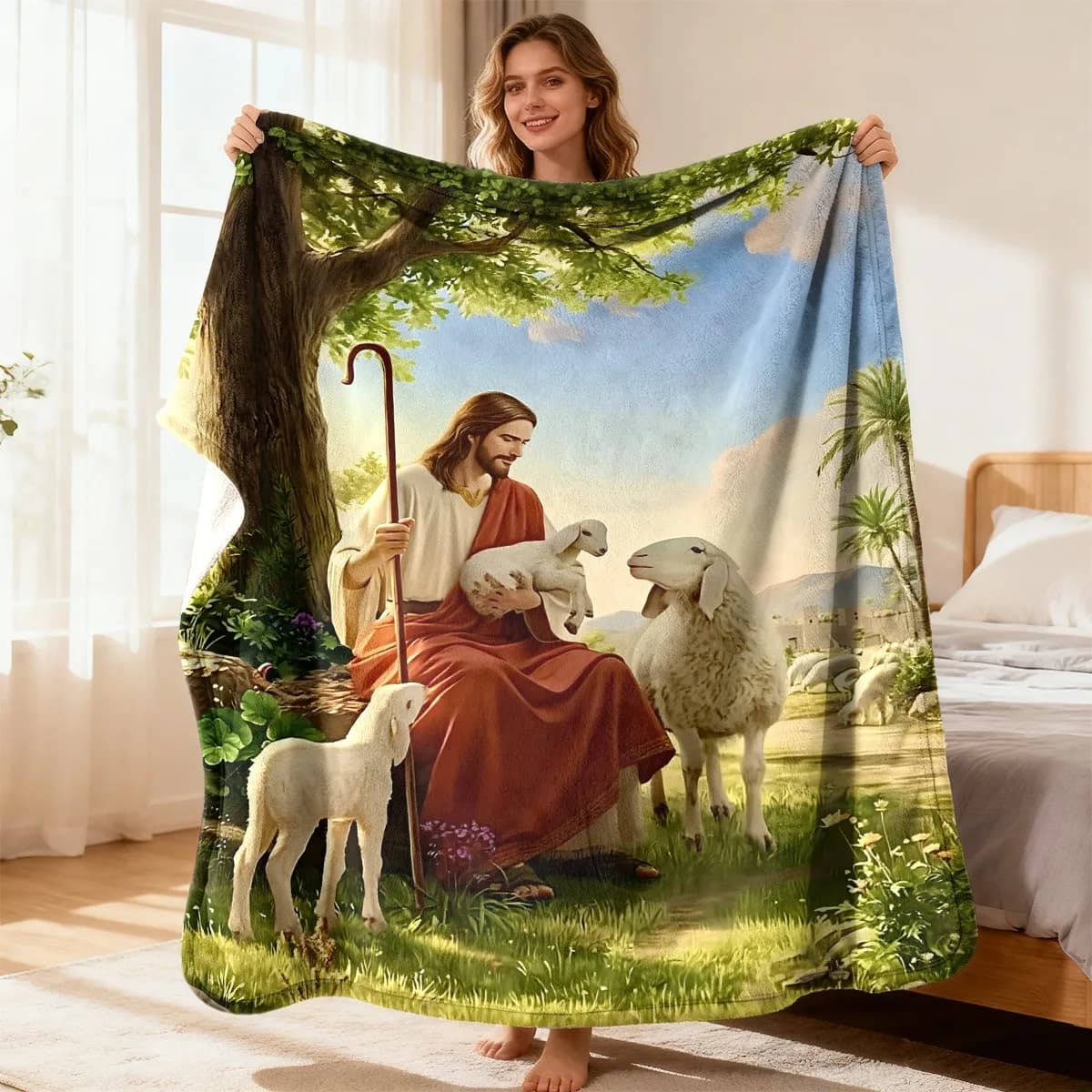 The Good Shepherd Lambs Of Christ Religious Flannel Blanket - Soft Ultrasound-Pressed Mission Design Bedspread Suitable