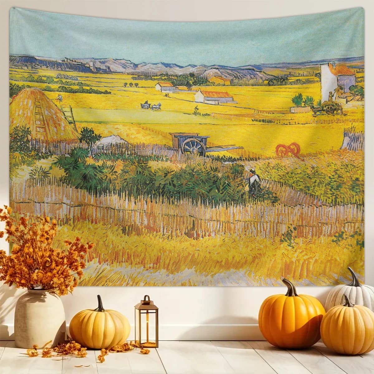 1pc Van Gogh's vintage oil painting "Harvest" tapestry, decorated with retro pastoral art, hung on the walls of rooms
