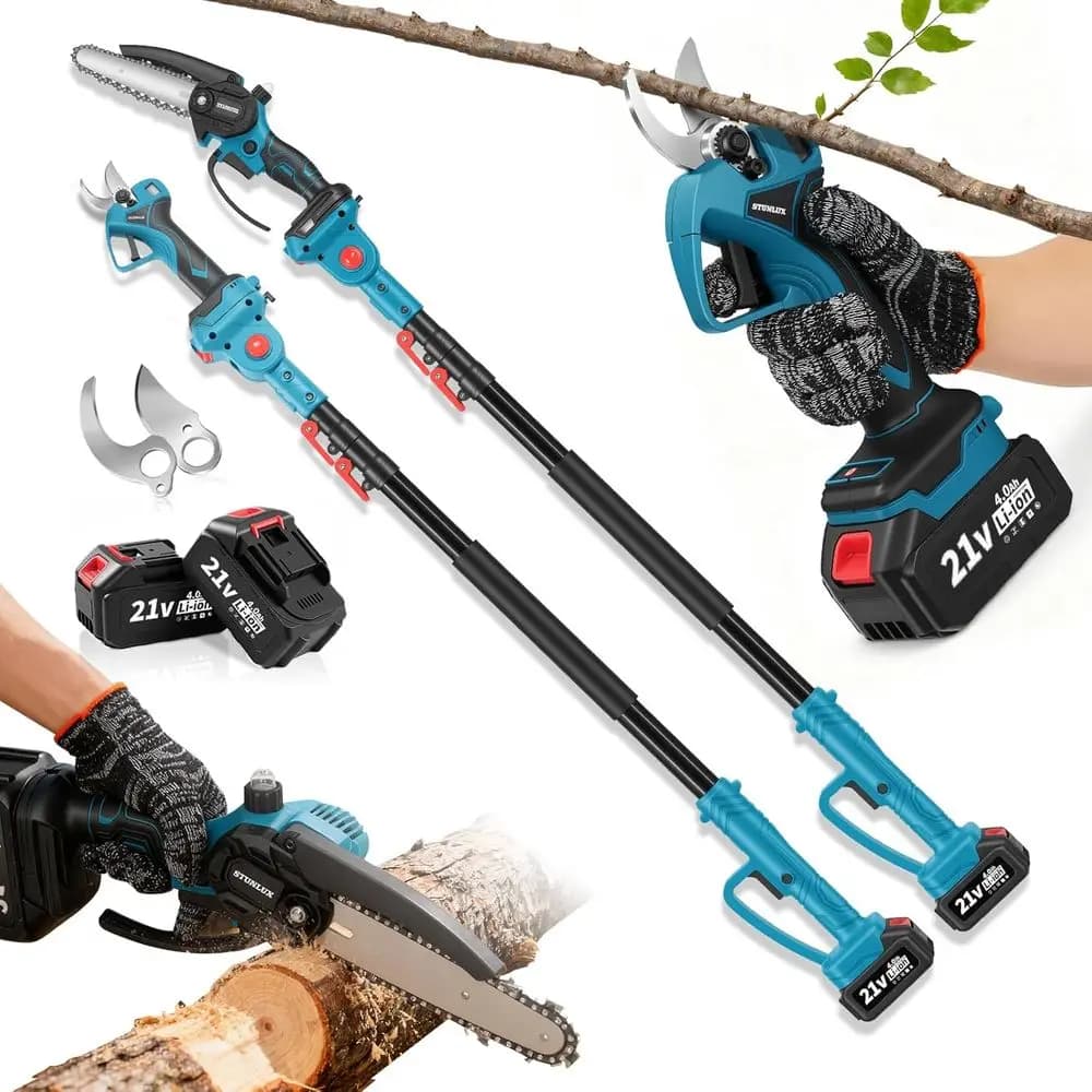 Set of electric shears and battery saws 4 in 1, electric shears and 6 inch pole saws for the finishing of trees with 7 feet Ma