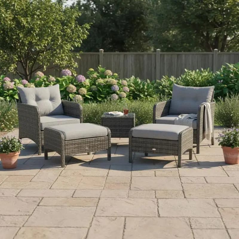 5 Pieces Rattan Wicker Lounge Chair Outdoor Patio Conversation Set with 2 Cushioned Chairs, 2 Ottomans and Tempered Glass Top Coffee Table, Gray/Light Gray