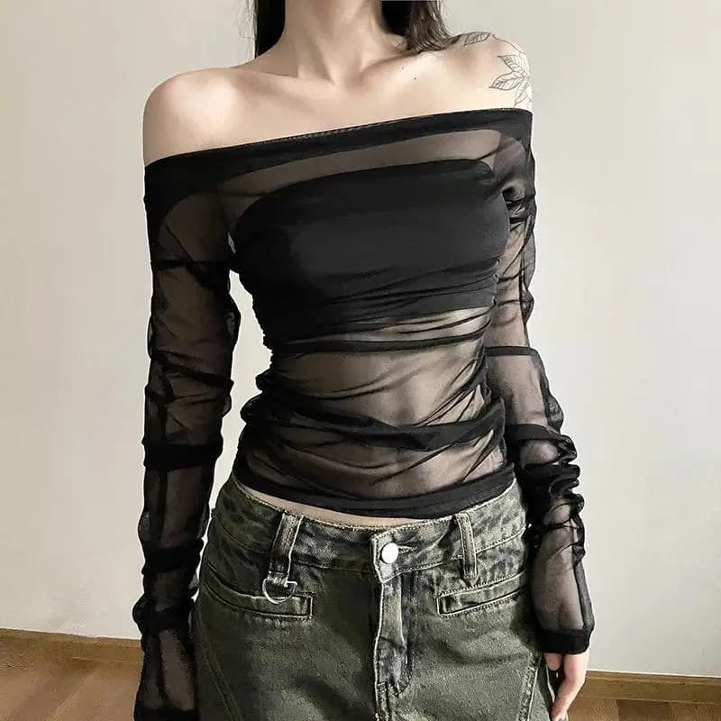 Deeptown Sexy Off spalla maglia t-shirt donna vedere attraverso Crop top Y2k Clubwear Coquette Backless Tees Grunge moda coreana