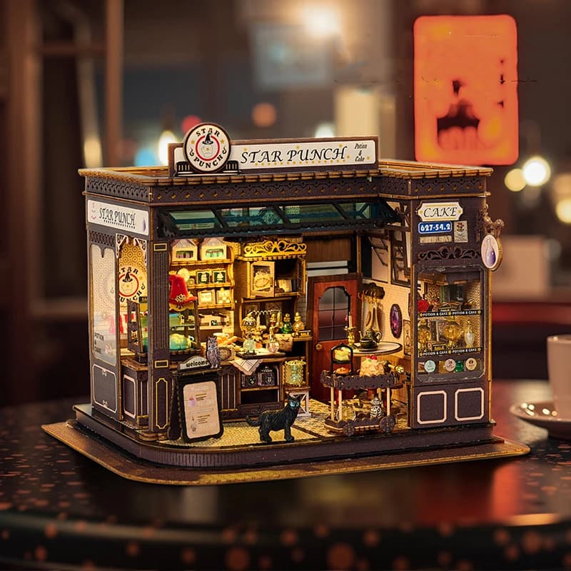 Casa delle bambole in legno fai-da-te Caffetteria magica in miniatura con kit di mobili assemblare blocchi giocattoli per bambini regalo di compleanno per adulti Casa