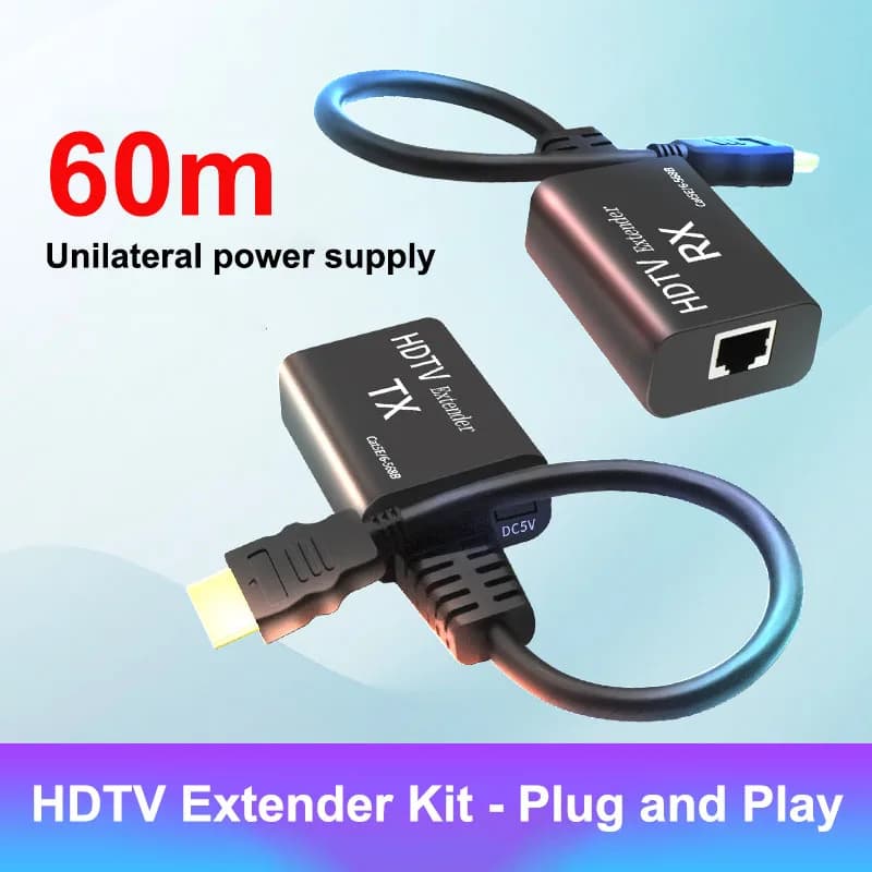 HDMI extender from 60M on Cat5e Cat6 cable Transmitter and receiver Ethernet extender from HDMI to RJ45 Power supply POC One