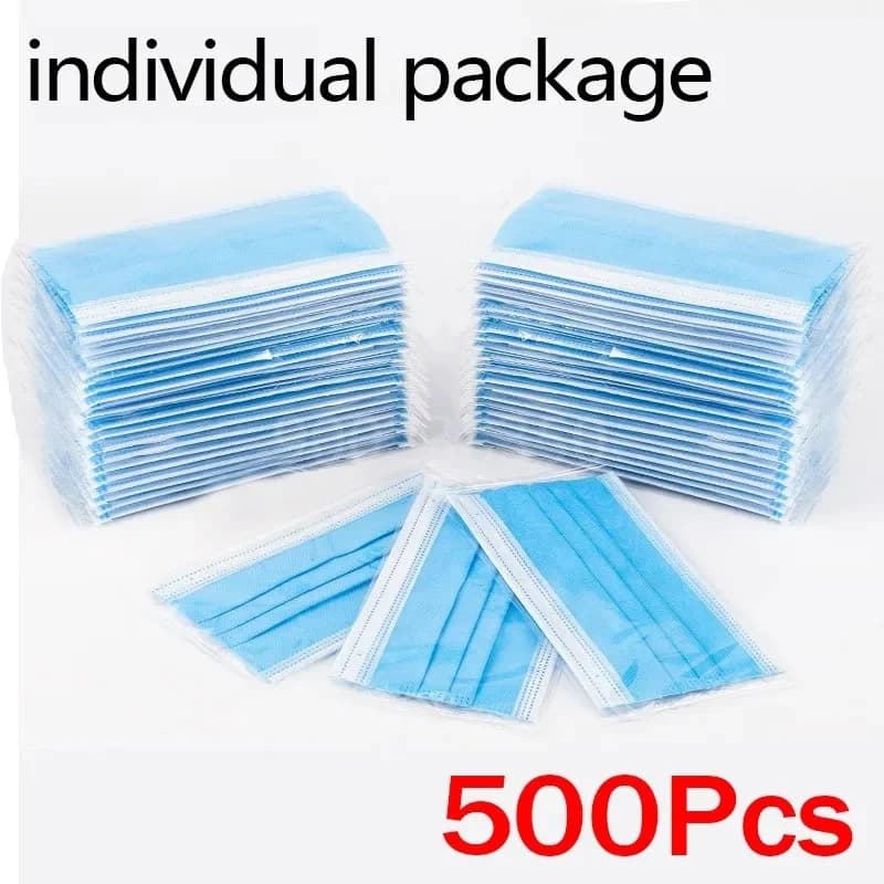 50-500 pezzi Maschere monouso per adulti confezionate singolarmente con filtro in tessuto non tessuto Meltblown, maschera protettiva blu traspirante