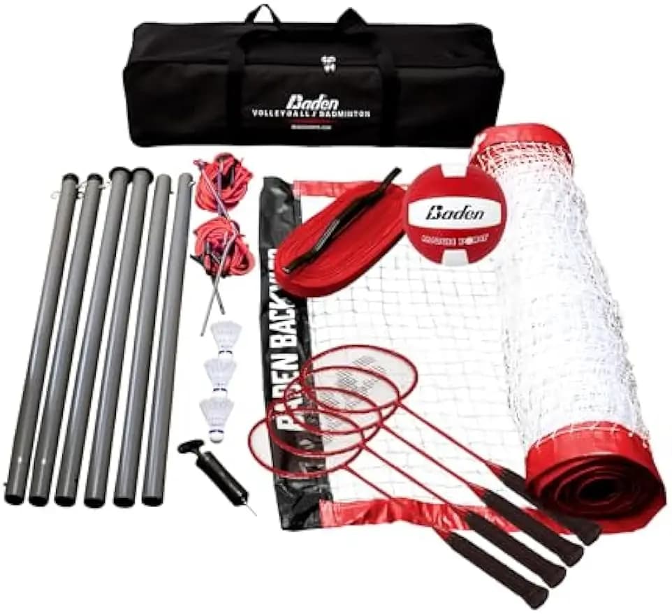 Portable combo set for volleyball and badminton with 4 rackets, net, ball, pump and bag for transport for outdoor fun