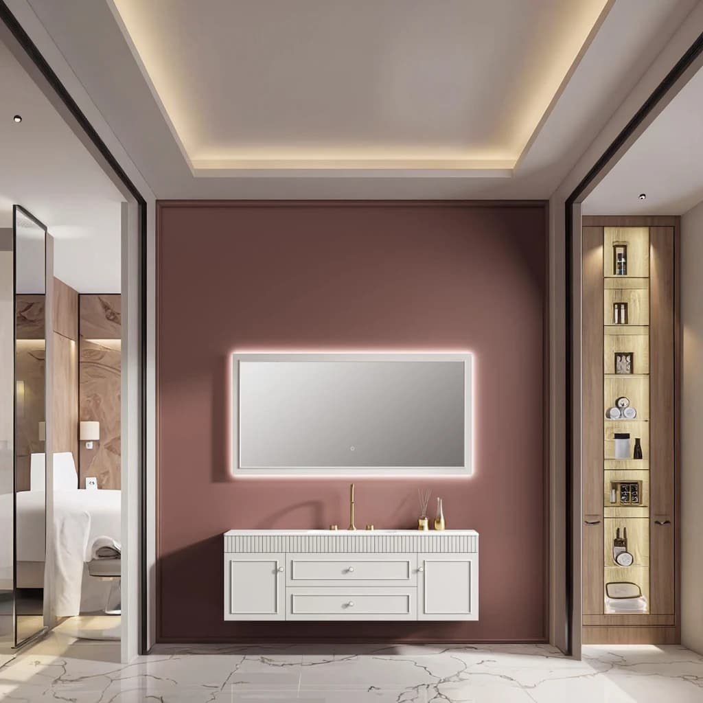 Specchio da bagno a LED a parete in legno massello di stile moderno di vendita caldo Vanity da appoggio in pietra sinterizzata per specchio intelligente da bagno di casa