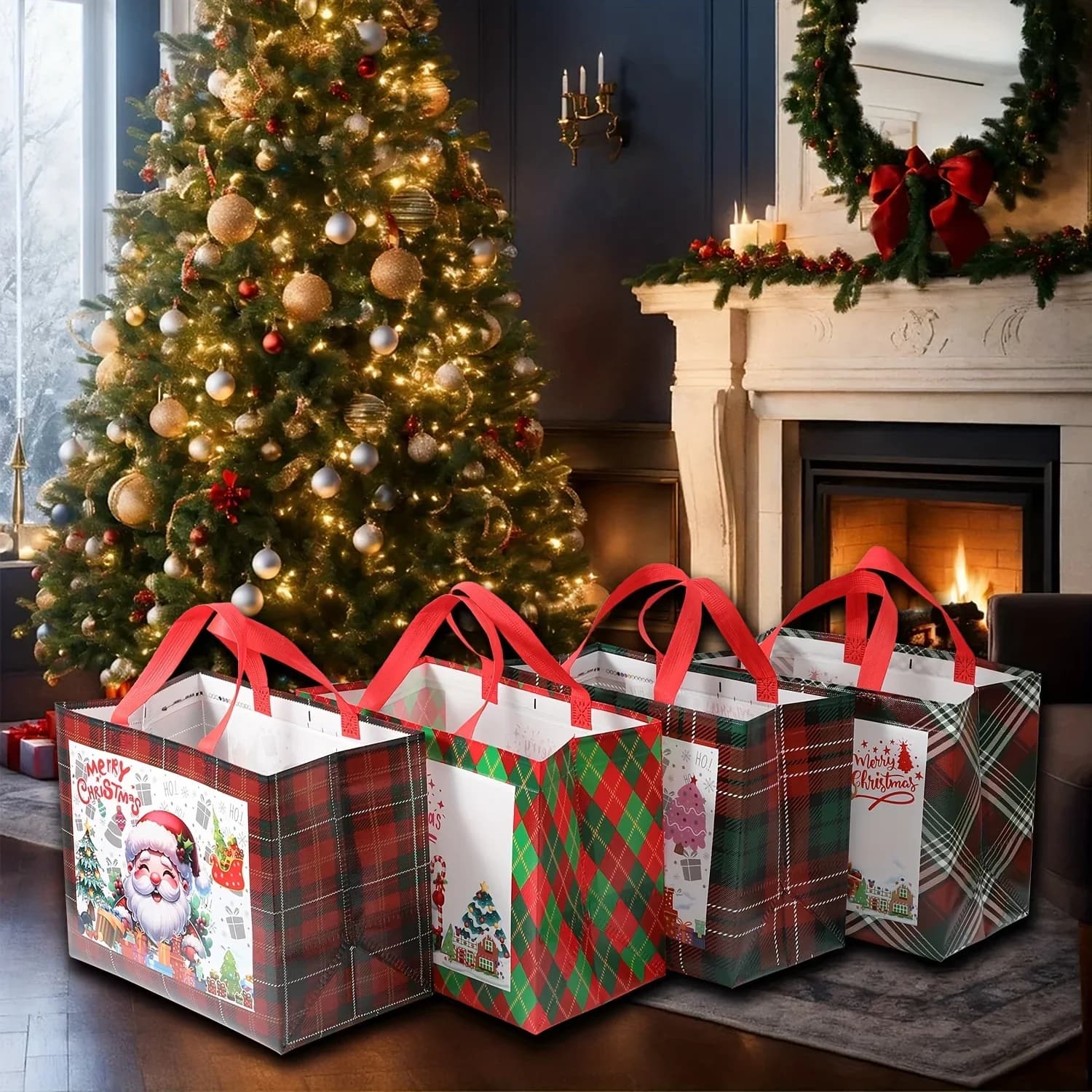 Set di sacchetti regalo di Natale da 4/8 pezzi Sacchetti in tessuto non tessuto di Babbo Natale Decorazioni natalizie per la casa Ecologico e riutilizzabile