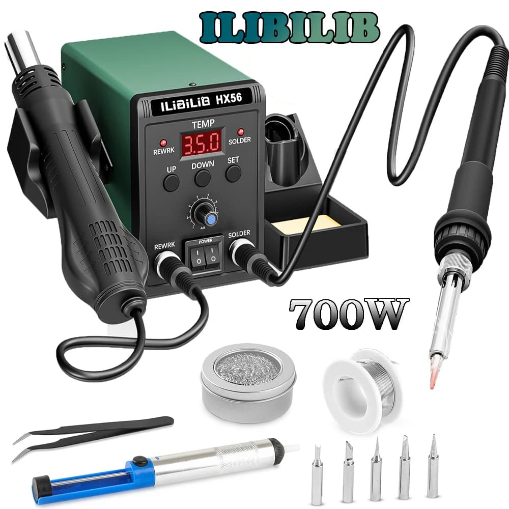 Welding station 2 in 1 from 700W, SMD hot air rework station with digital LED display, heat gun kit and welder, automatic shutdown function