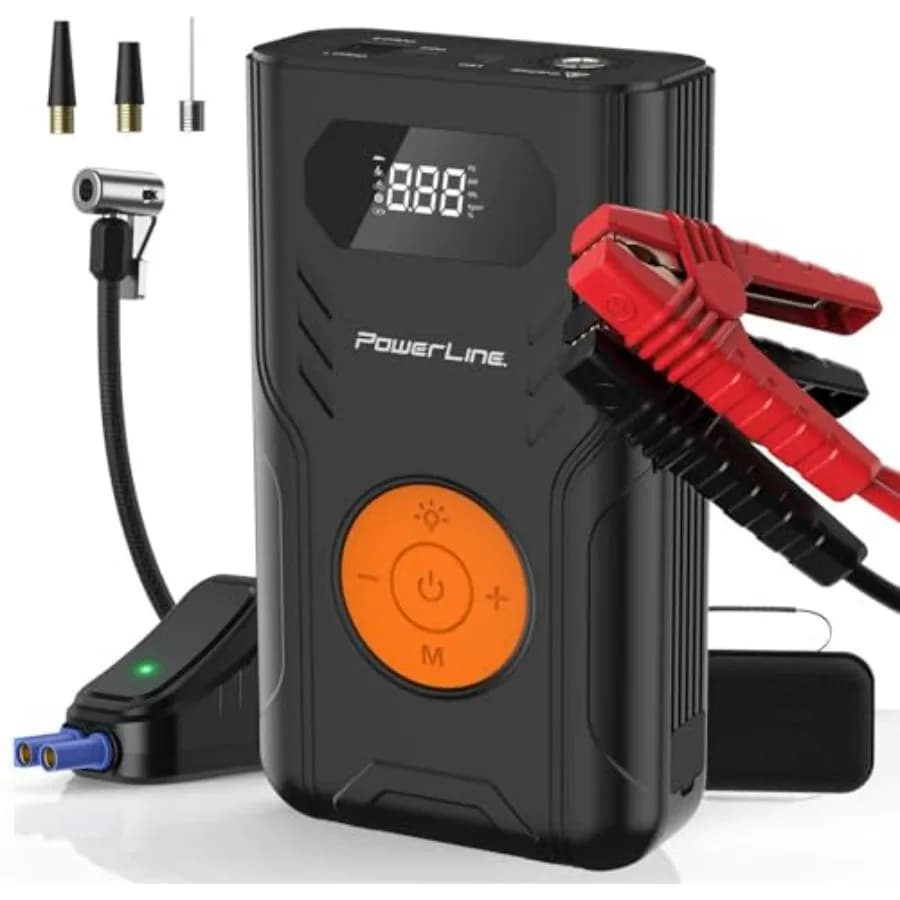 Avviatore di Emergenza per Auto con Compressore d'Aria 4-in-1, Pompa 1200A, Gonfiatore Pneumatici 120 PSI, 3 Porte USB e Luce LED per Motori fino a 5.2L