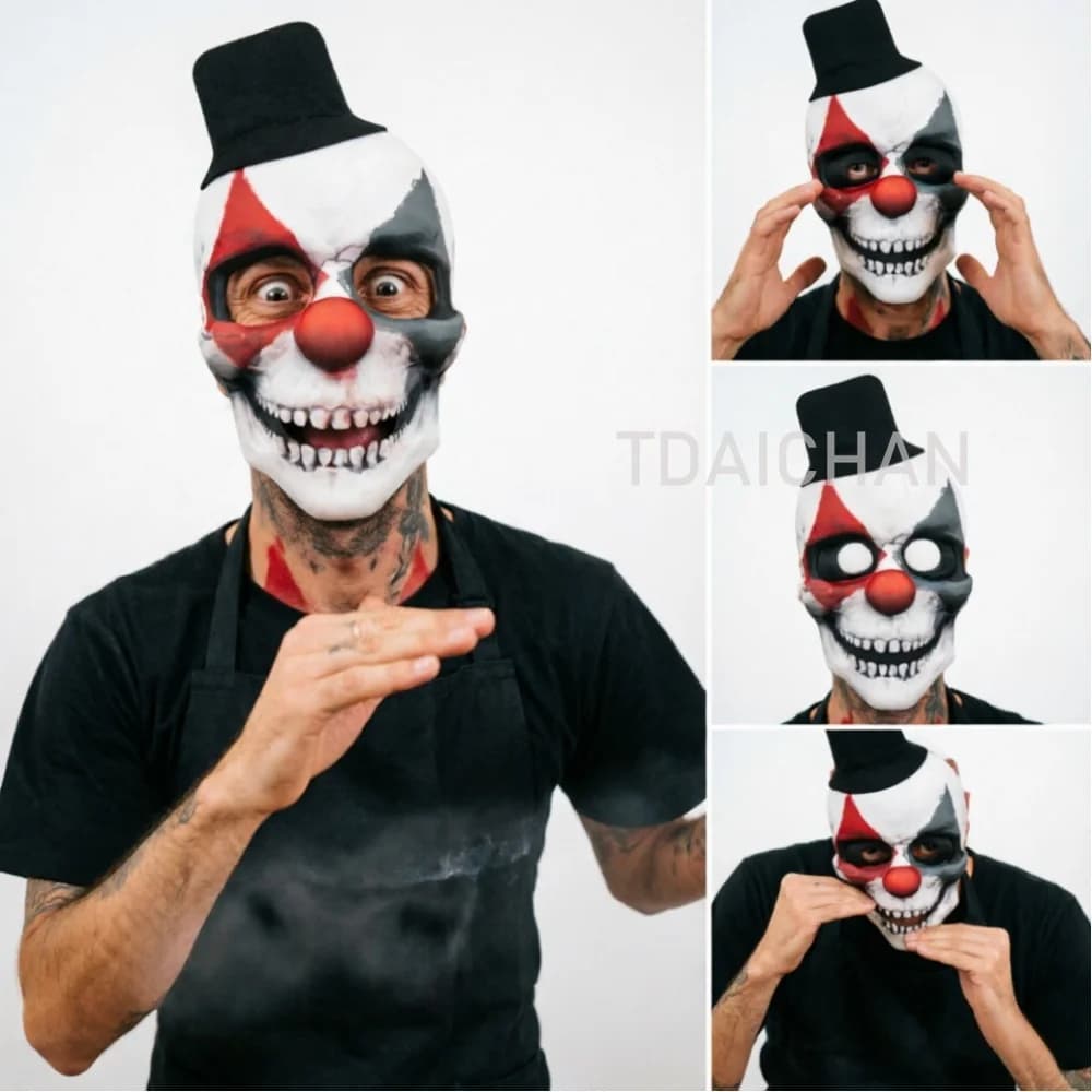 2026EVA Scary Clown Skull Mask with Hat Halloween Horror Skeleton Face Mask Creepy Cosplay Party Costume Props for Men Women