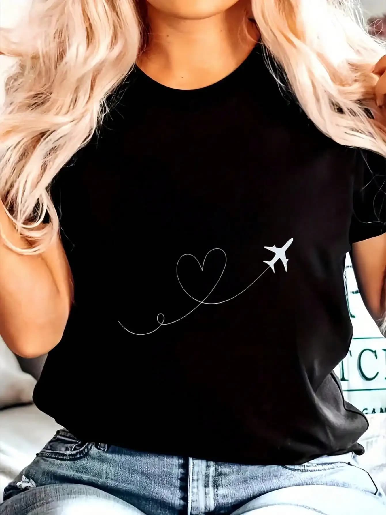 100% Cotton Graphic Airplanes And Hearts Funny Costume Flying For Lovers T-Shirt