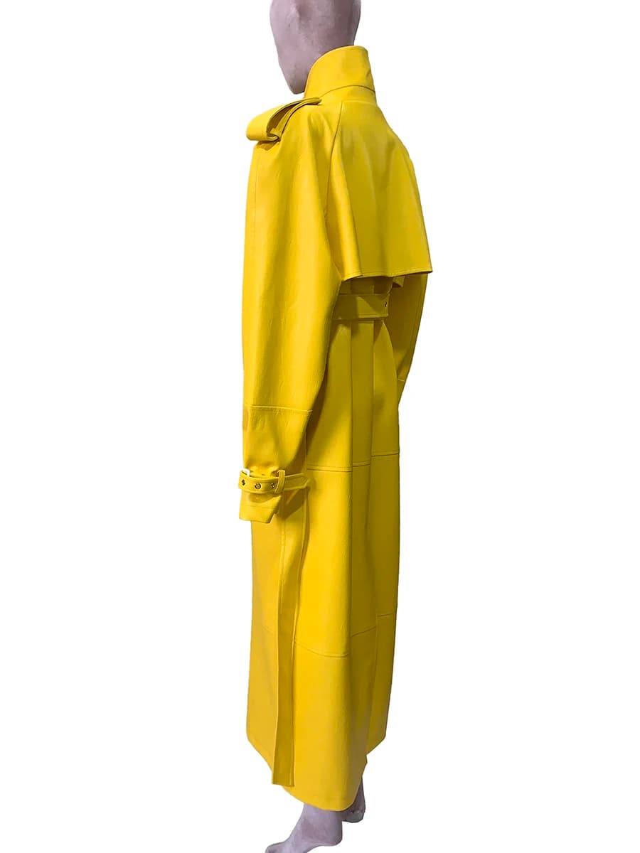 Mauroicardi Autumn Winter Cool Extra Long Yellow Pu Leather Trench Coat for Women Shoulder Pads Belt Emo Runway European Fashion