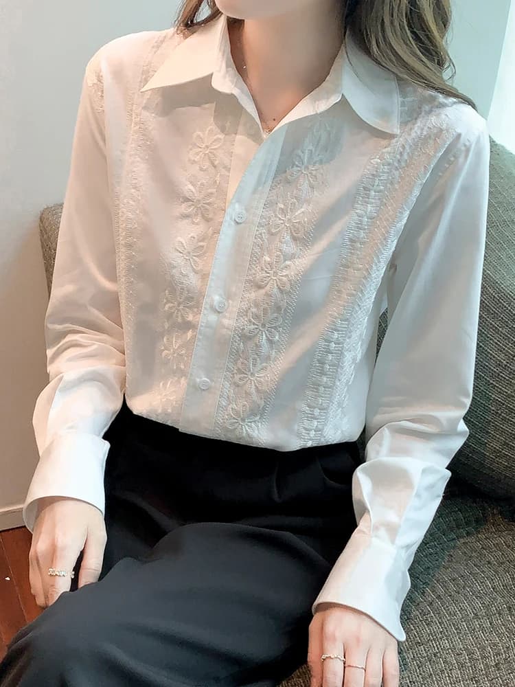 Embroidered White Shirts Women Long Sleeve Loose Casual Tops Office Ladies Bishop Sleeve Single-Breasted Workwear Blouse 2025