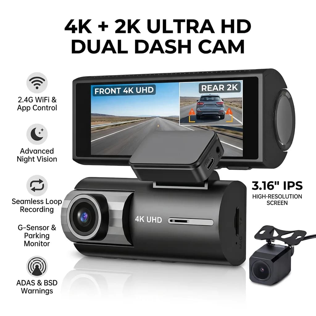 Dash Cam Dual 4K+2K with ADAS BSD, Screen 3,16'', WiFi, Night Vision, Loop Registration, G-Sensor, Parking Monitoring, Car Recorder