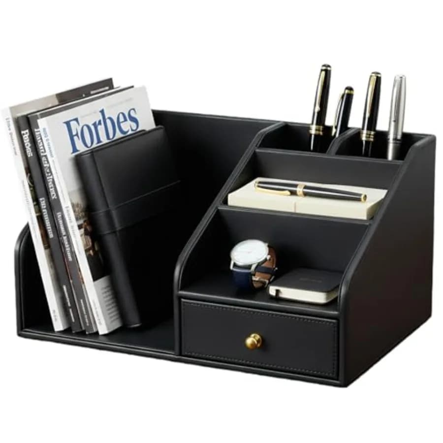 Organizer da Scrivania in Pelle PU Multifunzione con 6 Scomparti, Portapenne Nero, Porta Libri e Documenti con Cassetto per Forniture da Ufficio