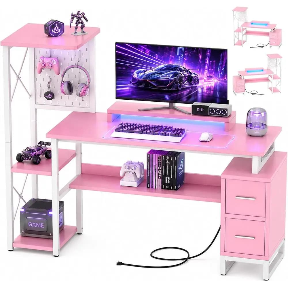 Computer Desk with 2 aric Ders - Reversile Home Oice Desk with Power Outlet & LED Lights, 53Writing Desk with Monitor Stand & St
