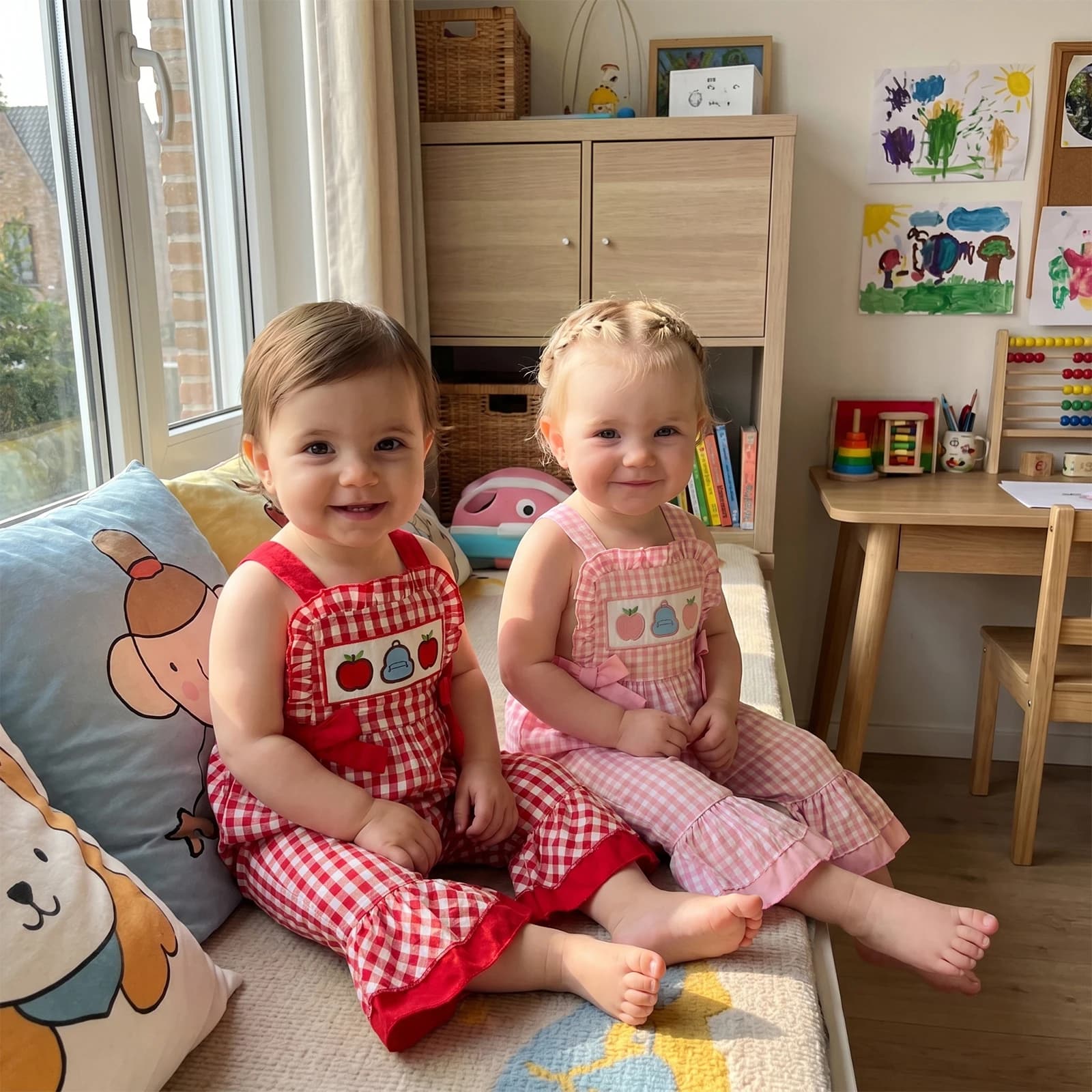 2026 Summer Toddler Baby Girls Plaid Jumpsuit Back to School Apple Backpack Embroidery Sleeveless Bell Bottom Kids Overalls New