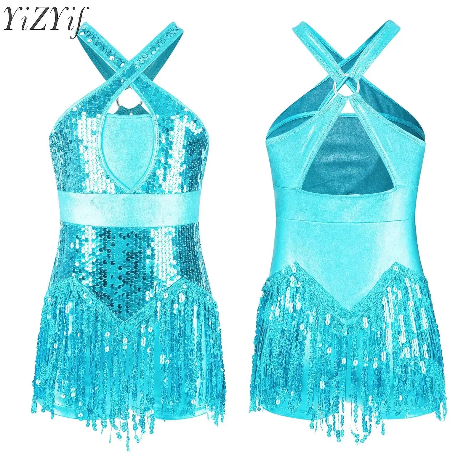 Bambini Ragazze Latin Jazz Danza Body Paillettes Frange Body Stage Performance Costume Figura Pattinaggio su ghiaccio Lyrico Dancewear