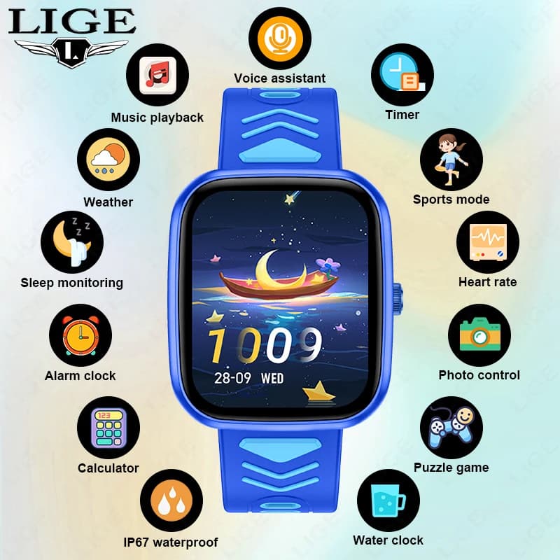 LIGE Kids Smartwatch Game Waterproof Electronics Touch Screen BT Call Alarm Health Monitor Children Watch Boy Girl Birthday Gift