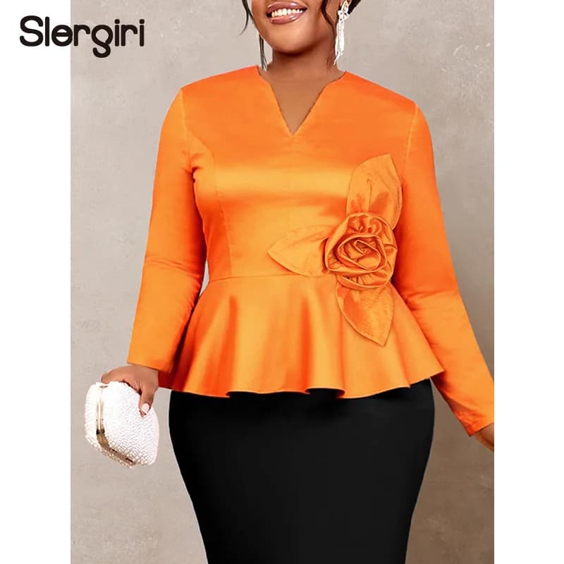 Top Peplum Slergiri with Three-dimensional Women's Sizes, Spring Collection 2026, V-neck, Long Sleeves, Office and Party Elegant Shirts
