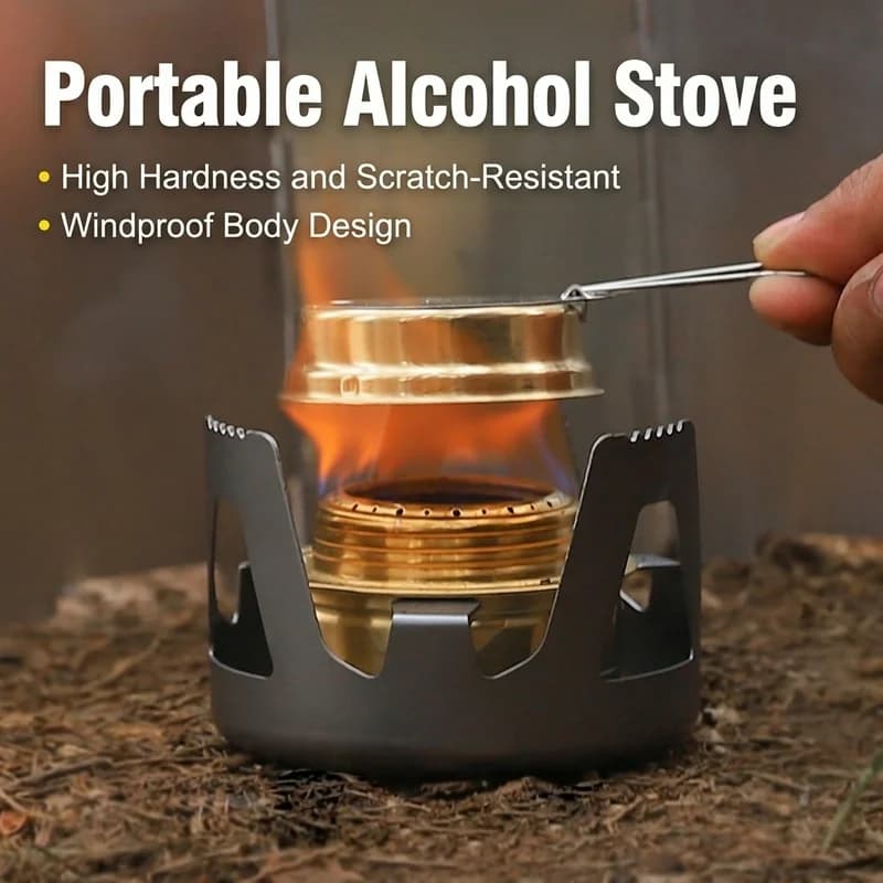 Mini Fornello a Alcool Portatile Ultraleggero con Supporto Antivento per Campeggio, Escursionismo, Backpacking e Emergenze