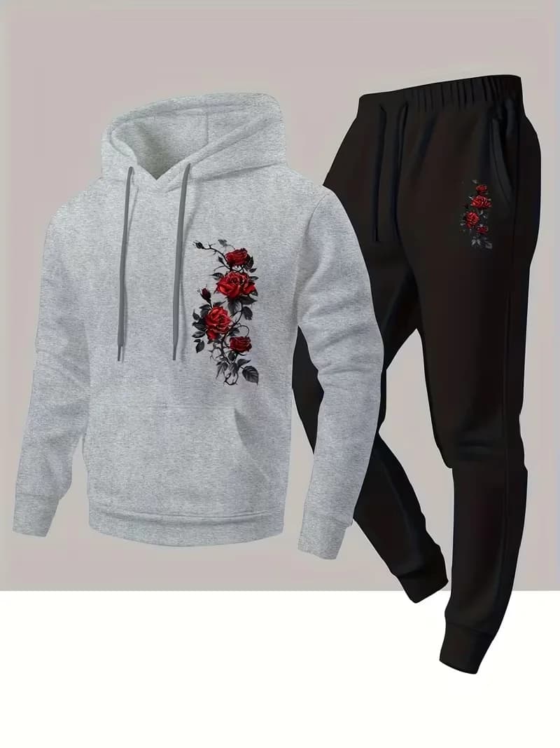 Men's Flower Trendy Cool Personalized Printed Hoodie And Sweatpants Set Sporty Casual Two-Piece Daily Wear