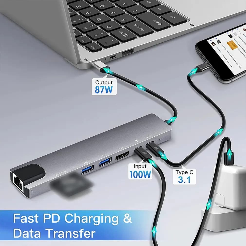 Hub USB C 8-in-1 con HDMI, Docking Station con Porte RJ45 Ethernet, USB 3.0, Lettore Schede SD/TF, Hub PD per Dock MacBook
