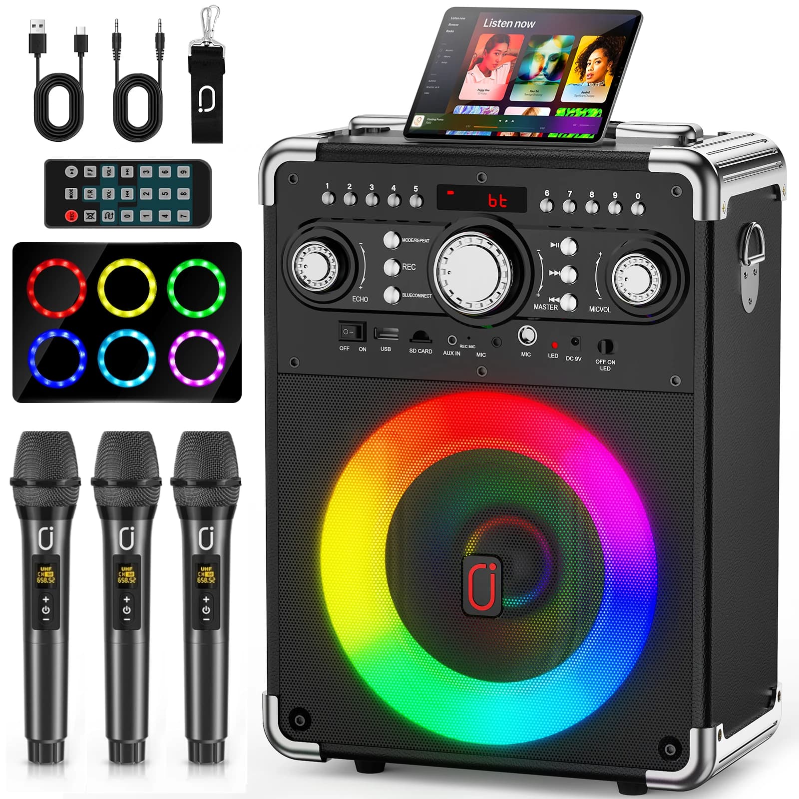 Macchina per karaoke con 3 microfoni wireless, altoparlante per karaoke Bluetooth con 3 microfoni per adulti/bambini, sistema PA portatile