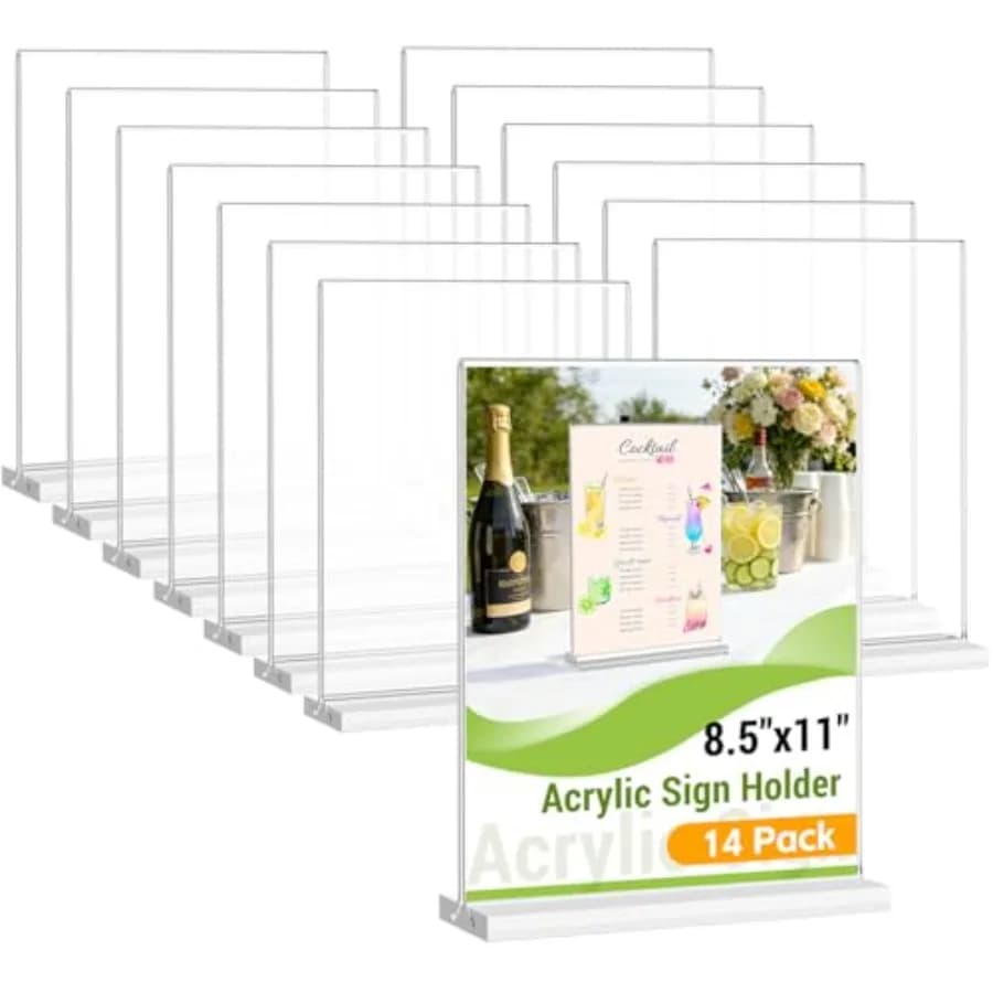 Porta-cartelli in acrilico 8,5 x 11 pollici, confezione da 14, espositore bifacciale trasparente, porta-cartelli verticale da tavolo, porta-documenti a forma di T in plastica