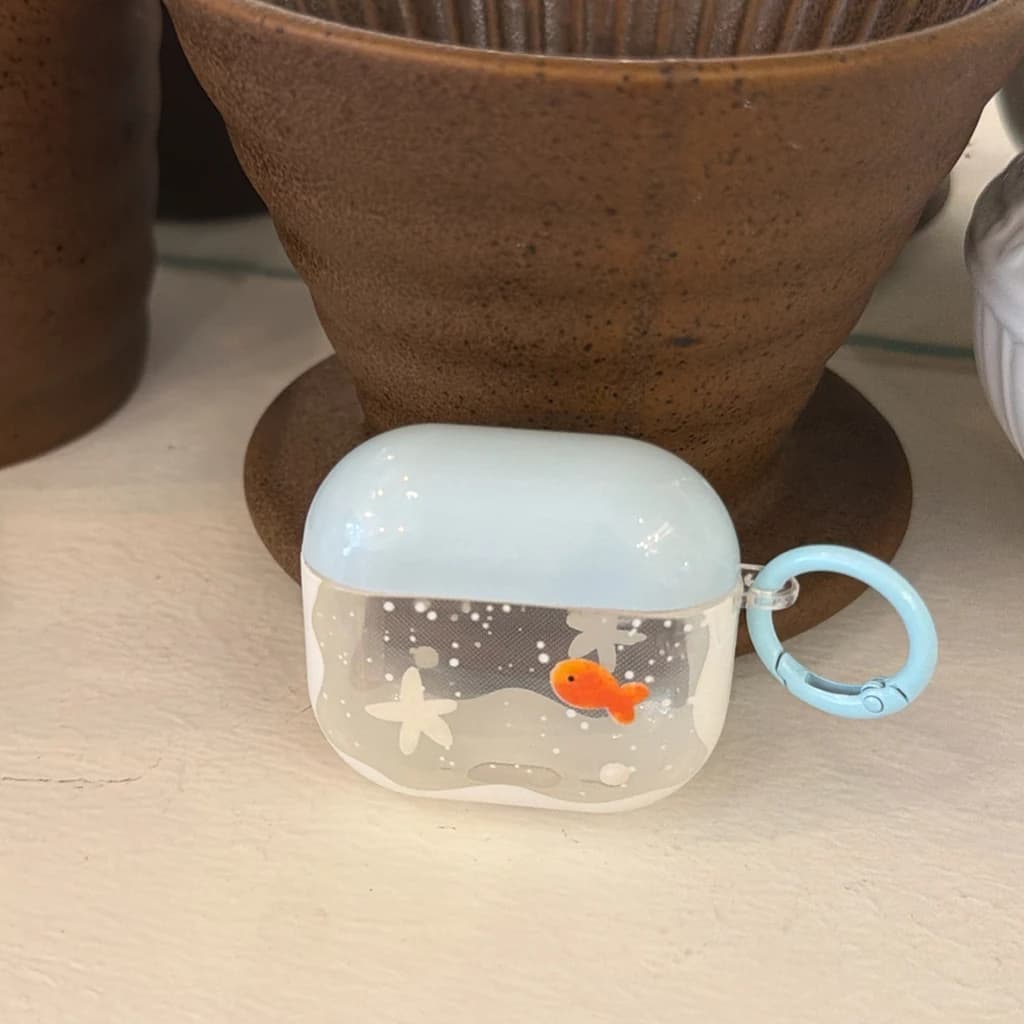 Custodia Protettiva Trasparente Blu Estiva con Motivo a Stelle e Pesciolini per Auricolari AirPods 1 o 2, 3, 4, Pro 2, Pro 3