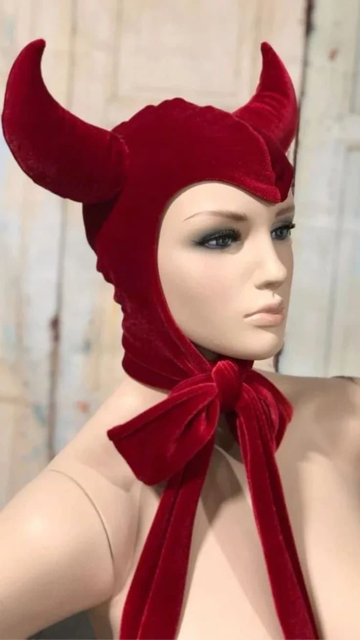 Vintage Little Devil Red/Black Velvet Hood Hat Women Men Evil Witch Headdress Horned Devil Bonnet Headpiece Halloween Props