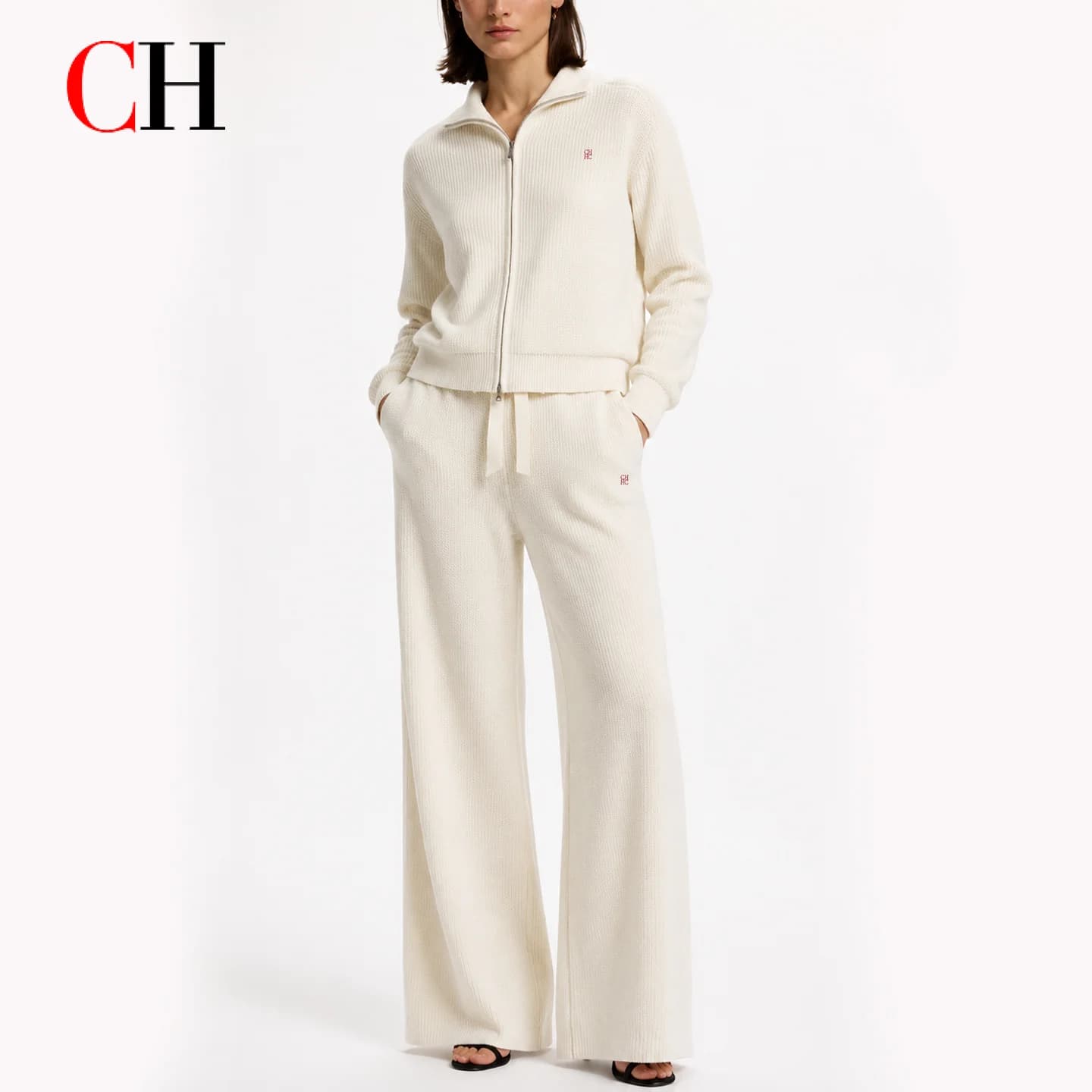 Women Zip Up Collar Knit Two Piece Set Red Embroidered Logo Long Sleeve Cardigan Drawstring Wide Leg Pants Outfit Suit