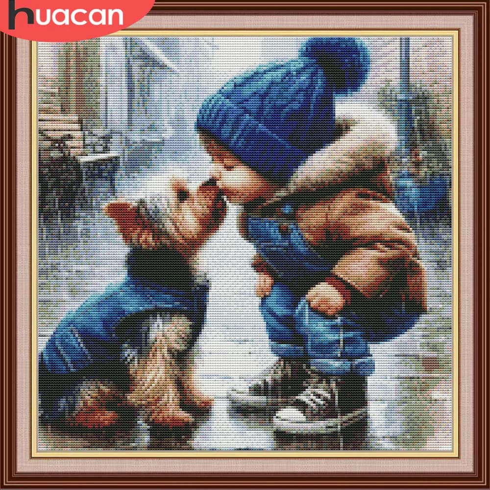 HUACAN Set di cucitura croce Ragazza Cane Ritratto Punto croce Animale Hobby Craft 11Ct Immagine Stampata Decorazione da parete su tela