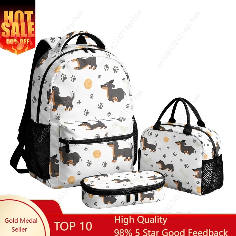 Cute Dachshund Custom Leisure All-Over Print 3-Piece Backpack Set (Includes Backpack, Lunch Bag, and Pencil Case)