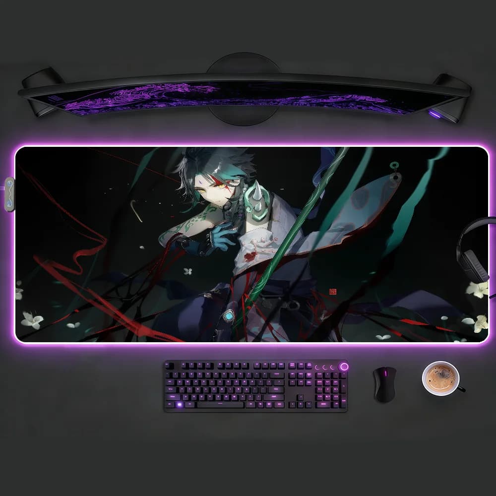 Tappetino per mouse Genshin Impact Xiao RGB LED, tappetino da scrivania antiscivolo in gomma, accessori da gioco, tappetino grande XXL per tastiera da computer e ufficio