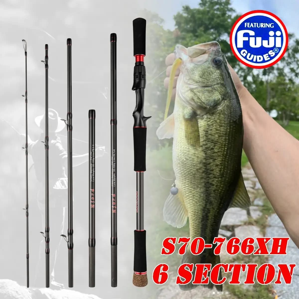 Canna da pesca Canna da pesca da viaggio portatile a 6 sezioni Casting 30T in fibra di carbonio per canna da gioco grande Peso ultraleggero